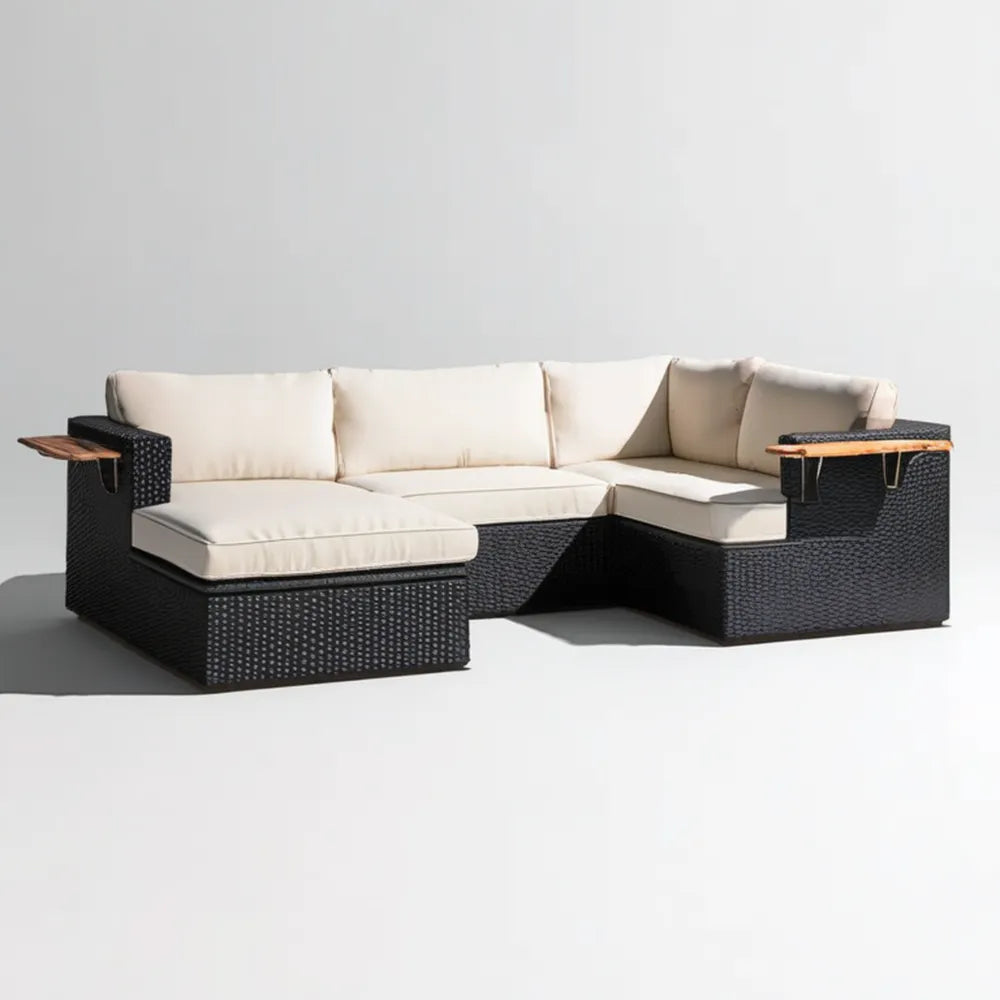 Narożna sofa ogrodowa z technorattanu PE 240 x 180 x 70 cm czarno-kremowo-brązowa
