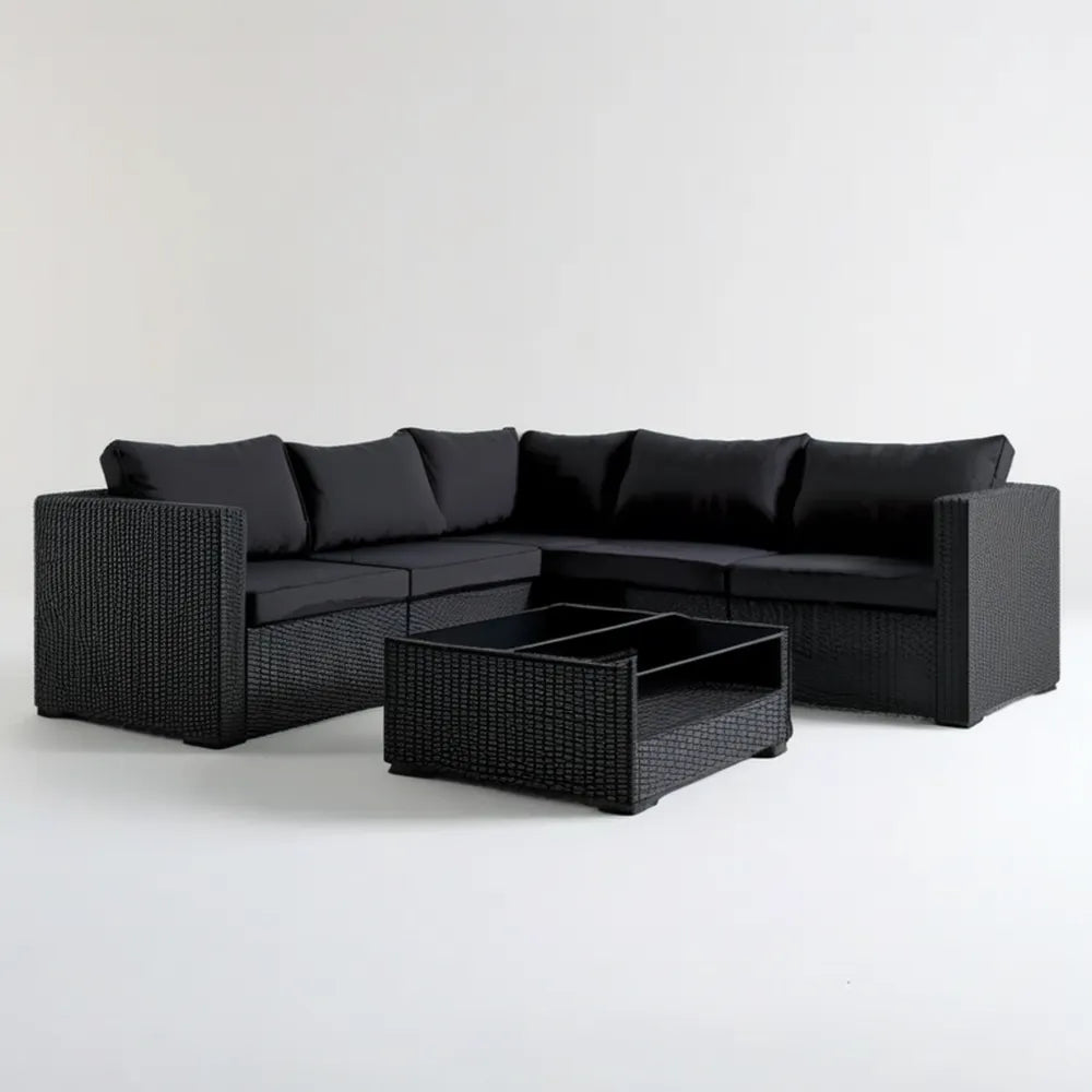 Czarny narożny zestaw ogrodowy z technorattanu PE 240 x 240 x 63 cm ze stolikiem