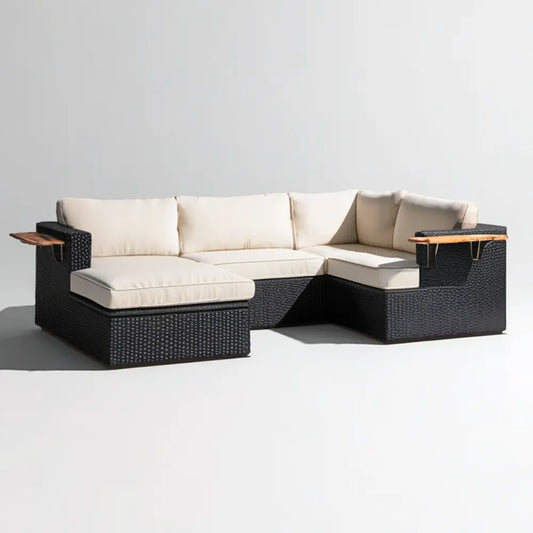 Narożna sofa ogrodowa z technorattanu PE 240 x 180 x 70 cm czarno-kremowo-brązowa