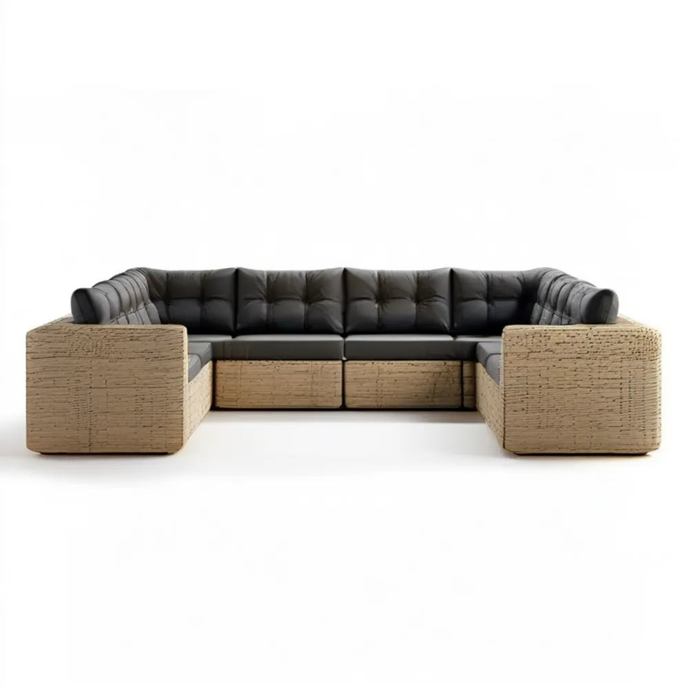 5-osobowa modułowa sofa ogrodowa w kształcie litery U z technorattanu PE, beżowo-czarna, 300 x 180 x 75 cm
