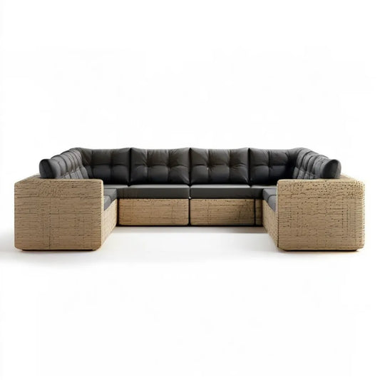 5-osobowa modułowa sofa ogrodowa w kształcie litery U z technorattanu PE, beżowo-czarna, 300 x 180 x 75 cm