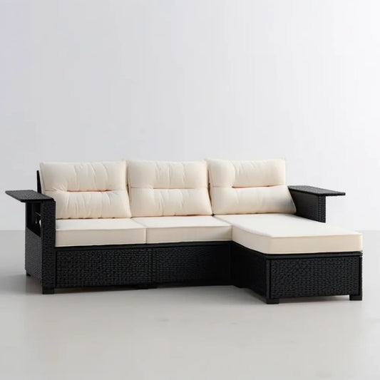 Prawostronna narożna sofa ogrodowa z technorattanu czarna z kremowymi poduszkami 210 x 140 x 63 cm