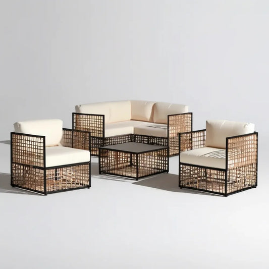 4-elementowy zestaw wypoczynkowy z plecionki PE i stali, czarno-beżowo-kremowy, sofa 140 x 70 x 75 cm
