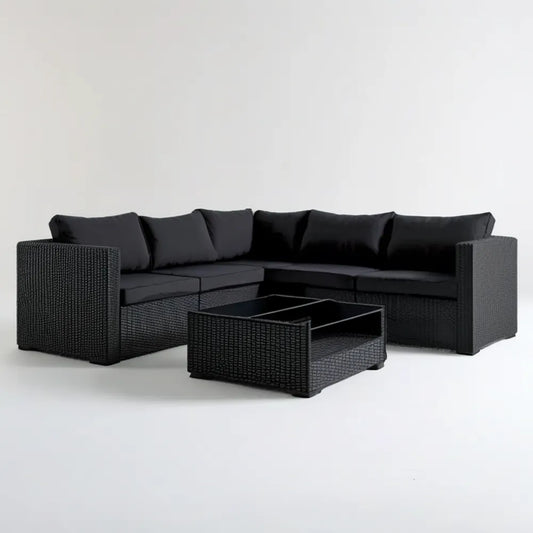 Czarny narożny zestaw ogrodowy z technorattanu PE 240 x 240 x 63 cm ze stolikiem