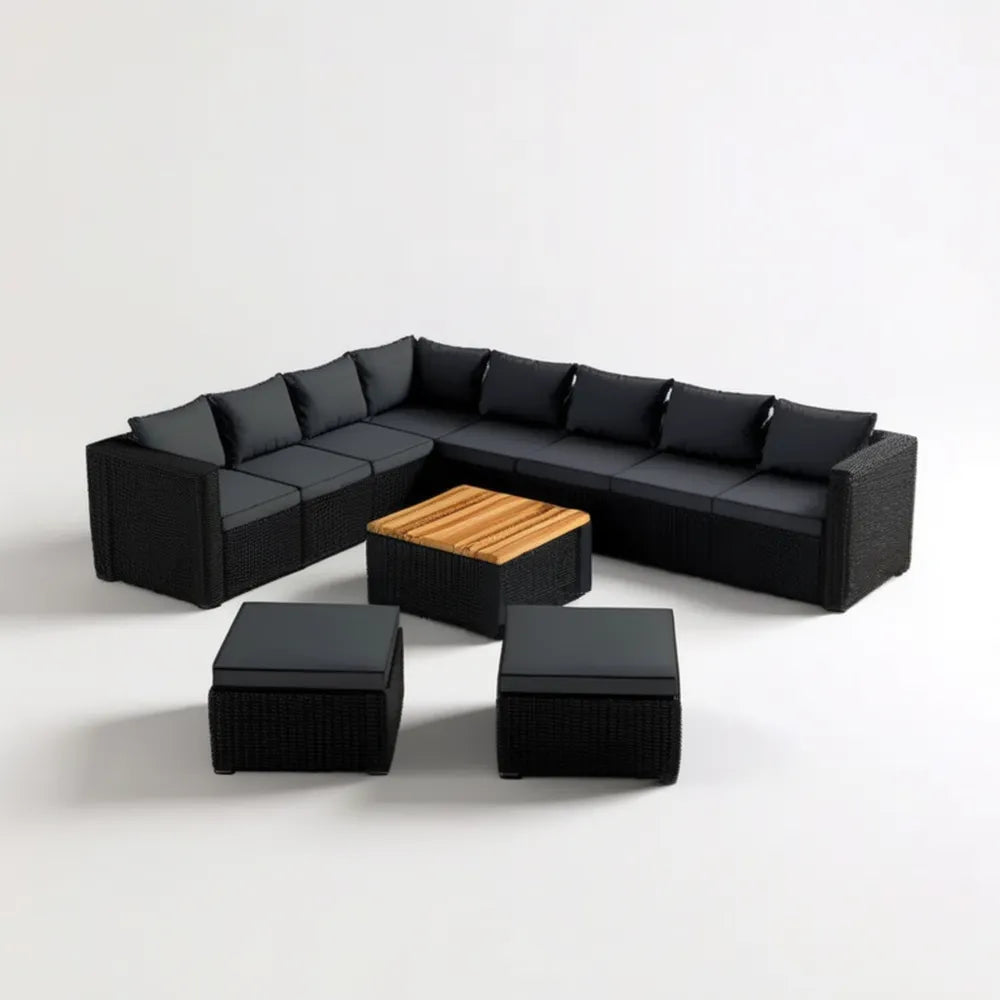 Modułowy narożnik ogrodowy z technorattanu PE 280 x 210 x 70 cm ze stolikiem i 2 pufami, czarny/antracytowy/naturalny brąz