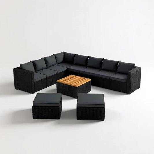 Modułowy narożnik ogrodowy z technorattanu PE 280 x 210 x 70 cm ze stolikiem i 2 pufami, czarny/antracytowy/naturalny brąz